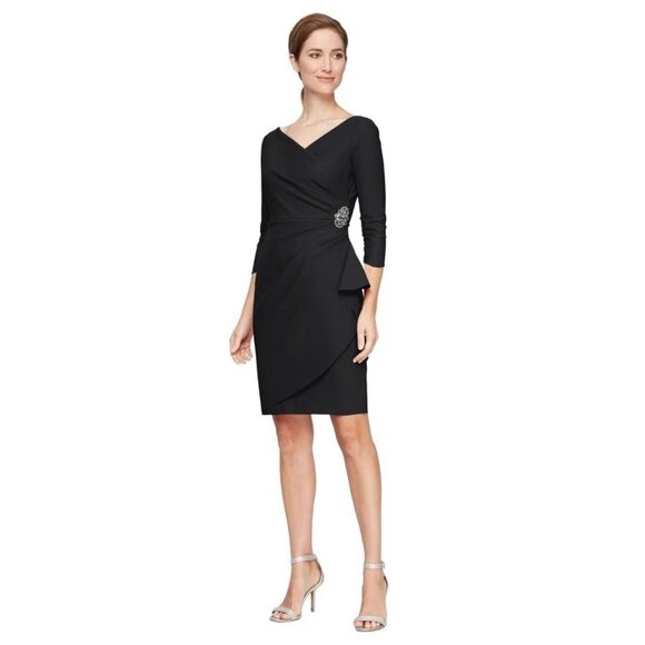 Alex Evenings Women's Slimming Stretch 3/4 Sleeve Dress Ruffle, Black 14 READ - Picture 1 of 10